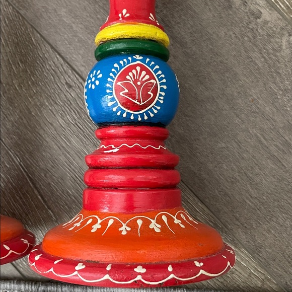 Pair of Hand Painted Red Wood Candle Holders - Picture 5 of 5